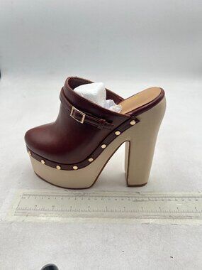 Wansseny Saddle Brown Women Stylish Round Toe Edge Studs Platform Slip on Mules
